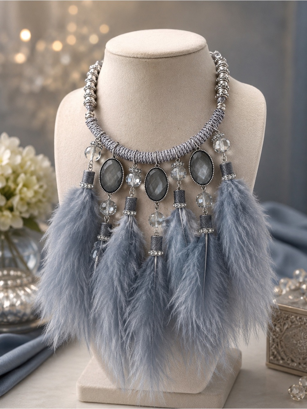 Chico’s NWT Gray Feather Statement Necklace Adjustable 17